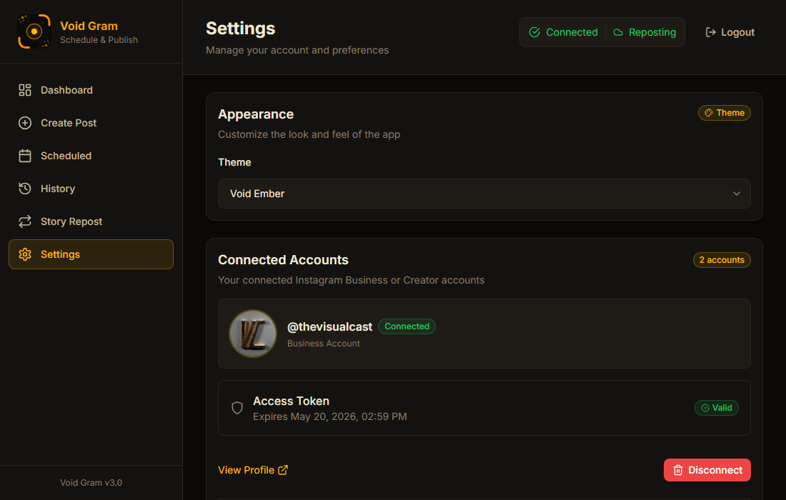 VoidGram settings page showing connected Instagram accounts and app preferences